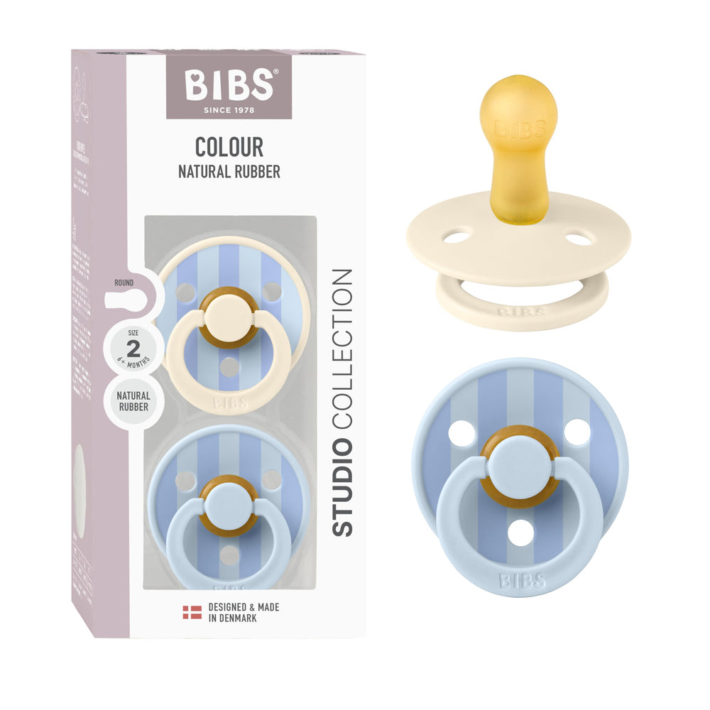 BIBS Studio Collection pacifier front view in Block Baby Blue and Dusty Blue for stylish soothing.