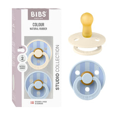 BIBS Studio Collection pacifier front view in Block Baby Blue and Dusty Blue for stylish soothing.