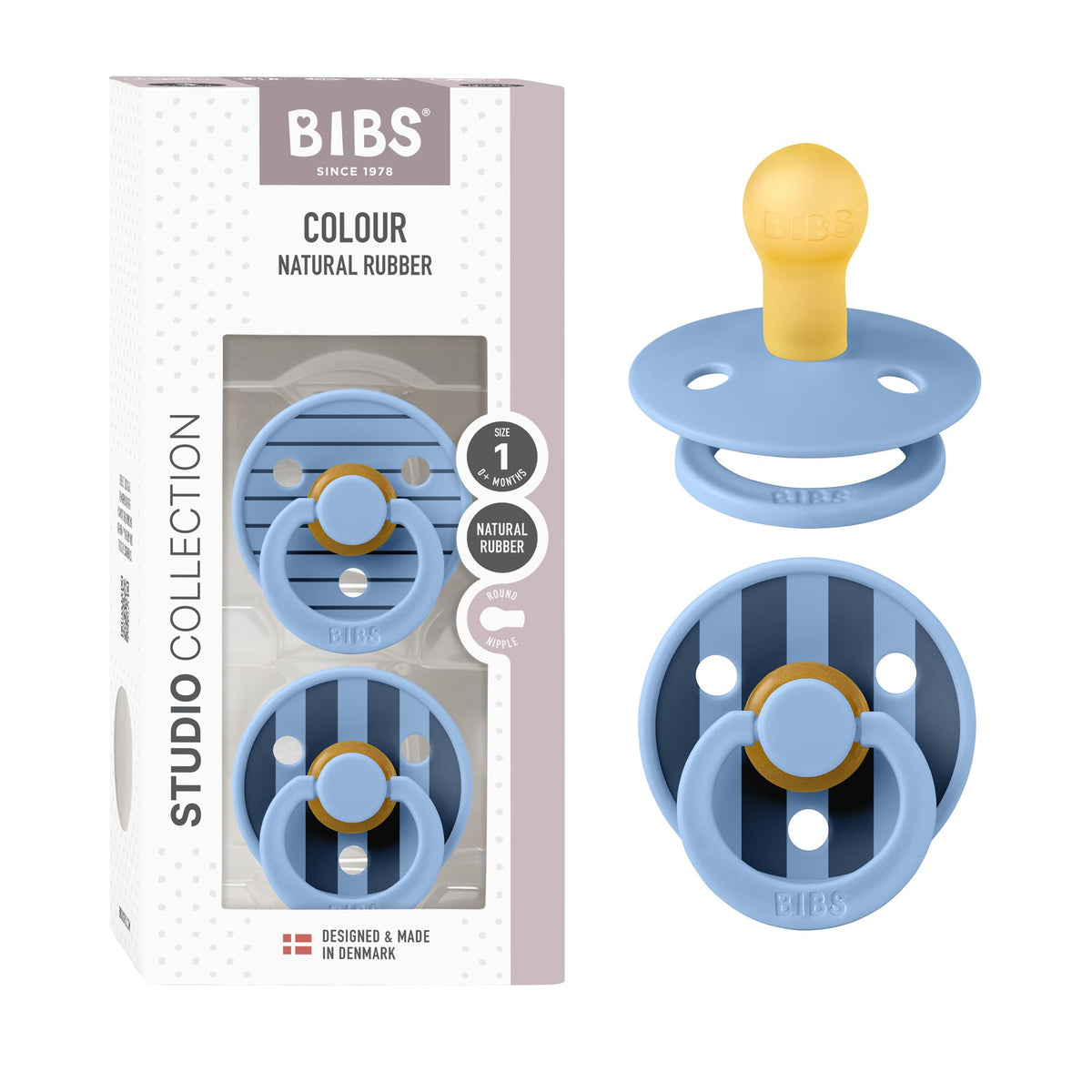 BIBS Studio Collection pacifier pin sky blue pack front for soothing moments