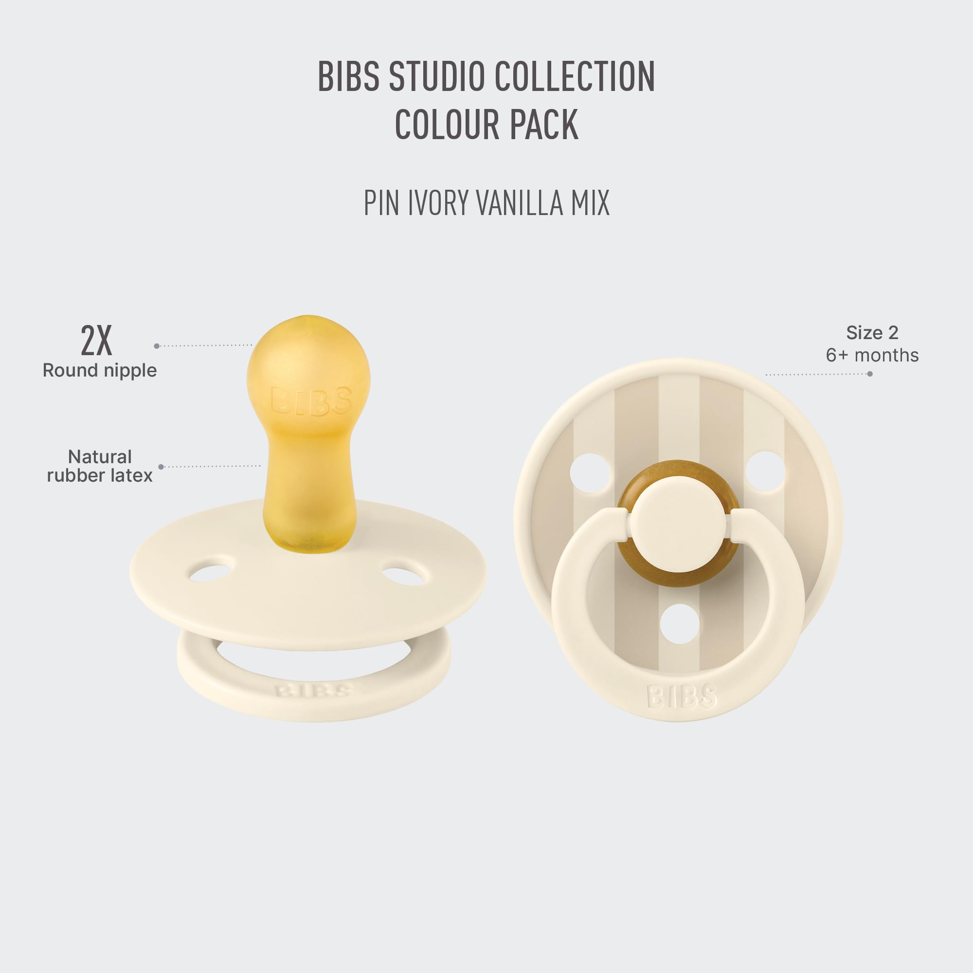 BIBS Studio pacifier close-up shows round nipple and natural rubber latex comfort