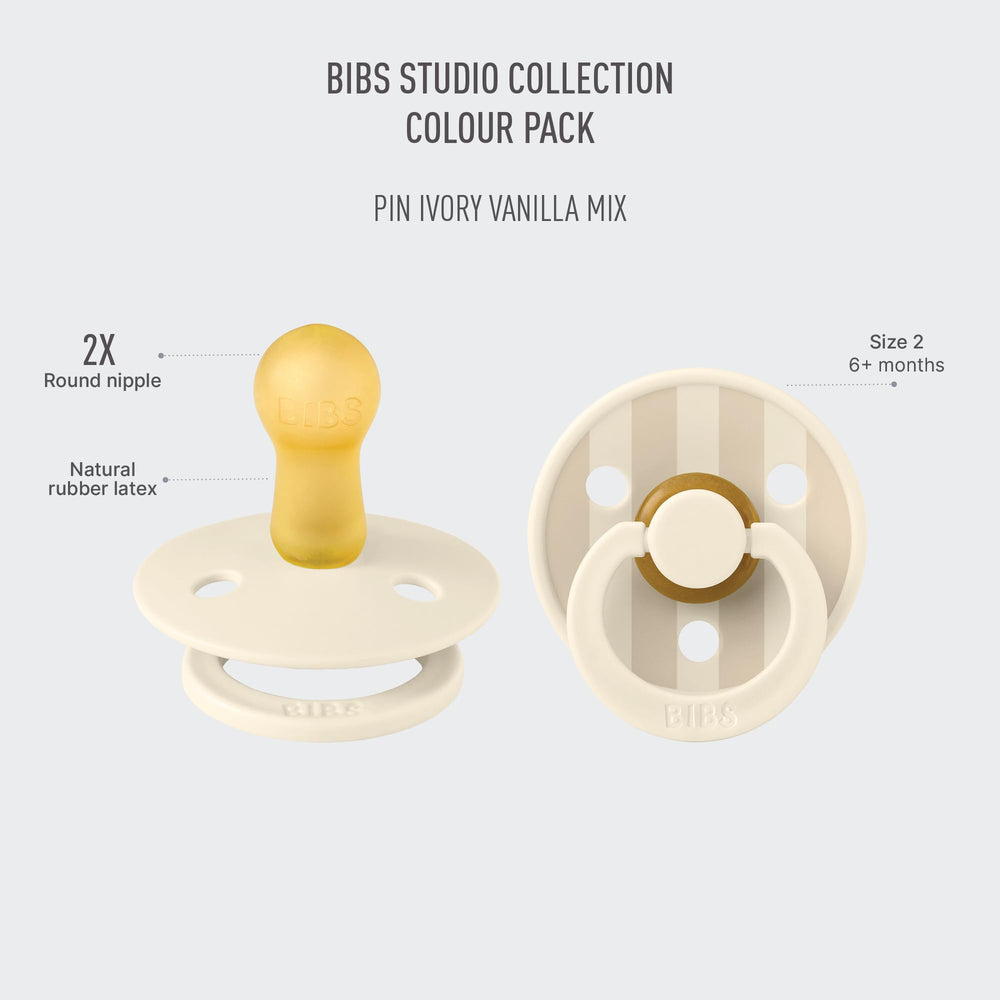 BIBS Studio pacifier close-up shows round nipple and natural rubber latex comfort