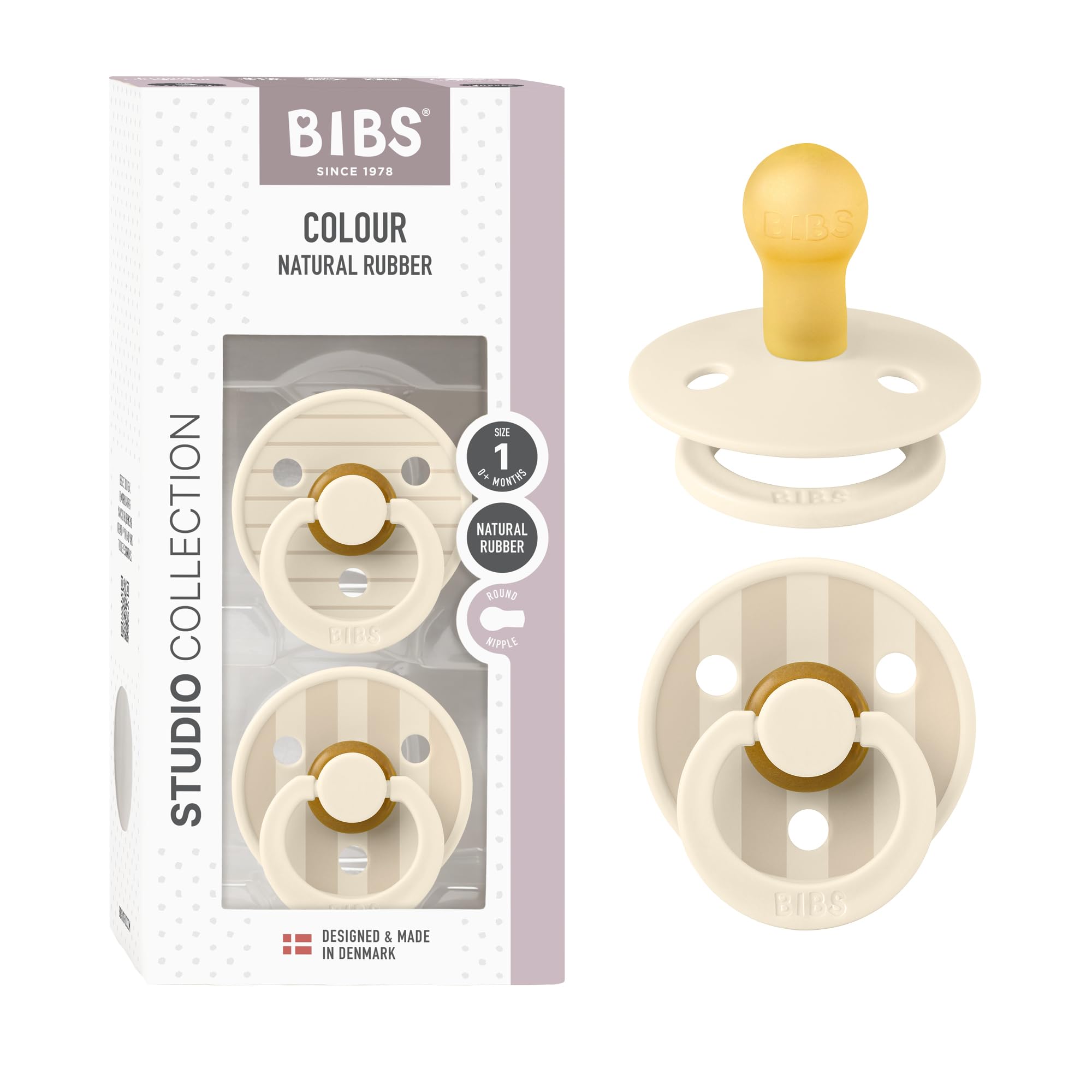 BIBS Studio two-pack ivory-vanilla closeup shows BPA-free latex nipple for comforting use