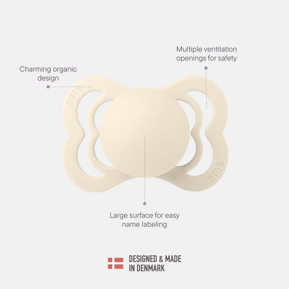 BIBS Supreme ventilation openings pacifier promotes breathable skin and reduced moisture buildup.