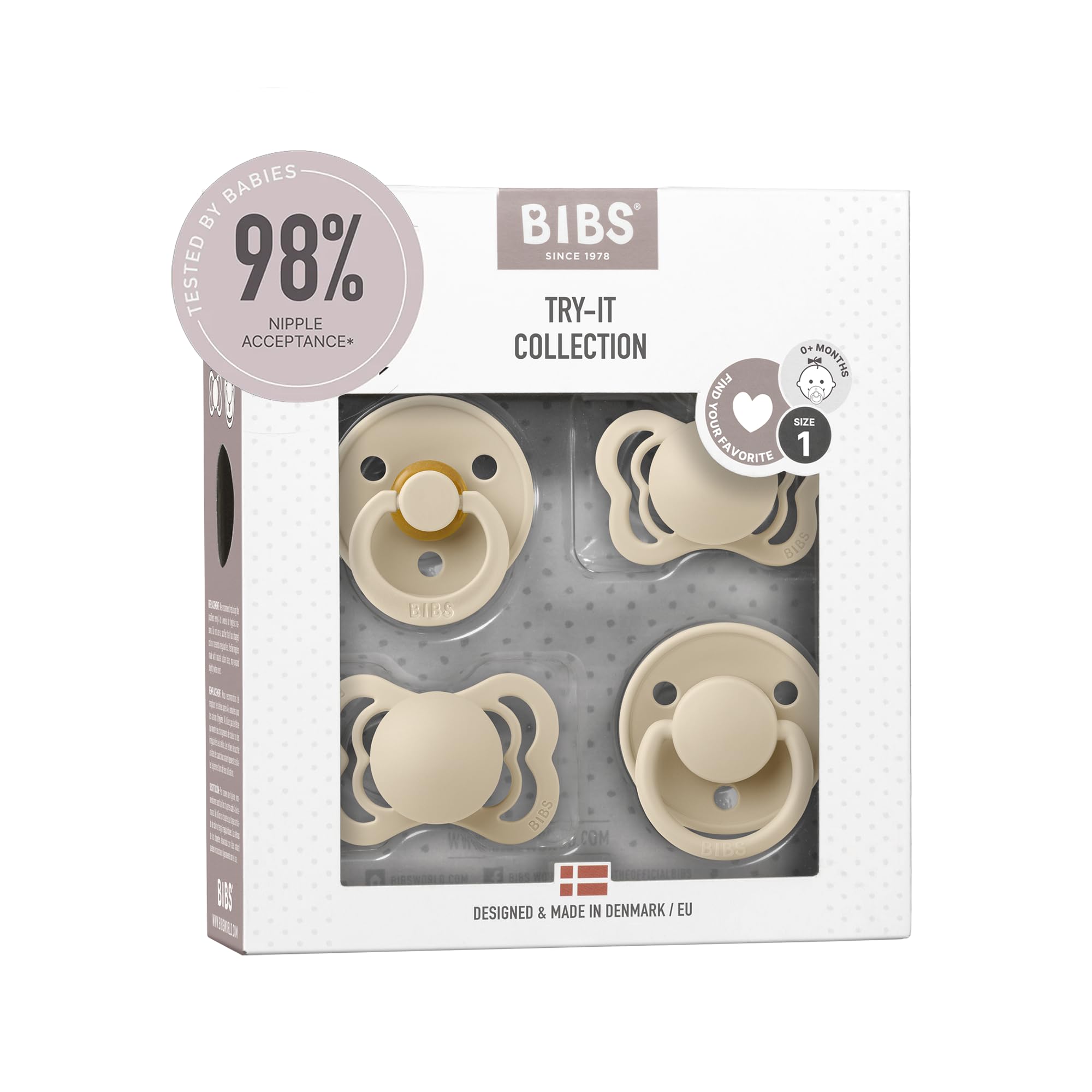 BIBS Try-It Collection 4-pack pacifiers in assorted colors for easy newborn soothing.