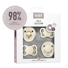 BIBS Try-It Collection Ivory box front shows four-pack pacifiers for versatile newborn soothing.