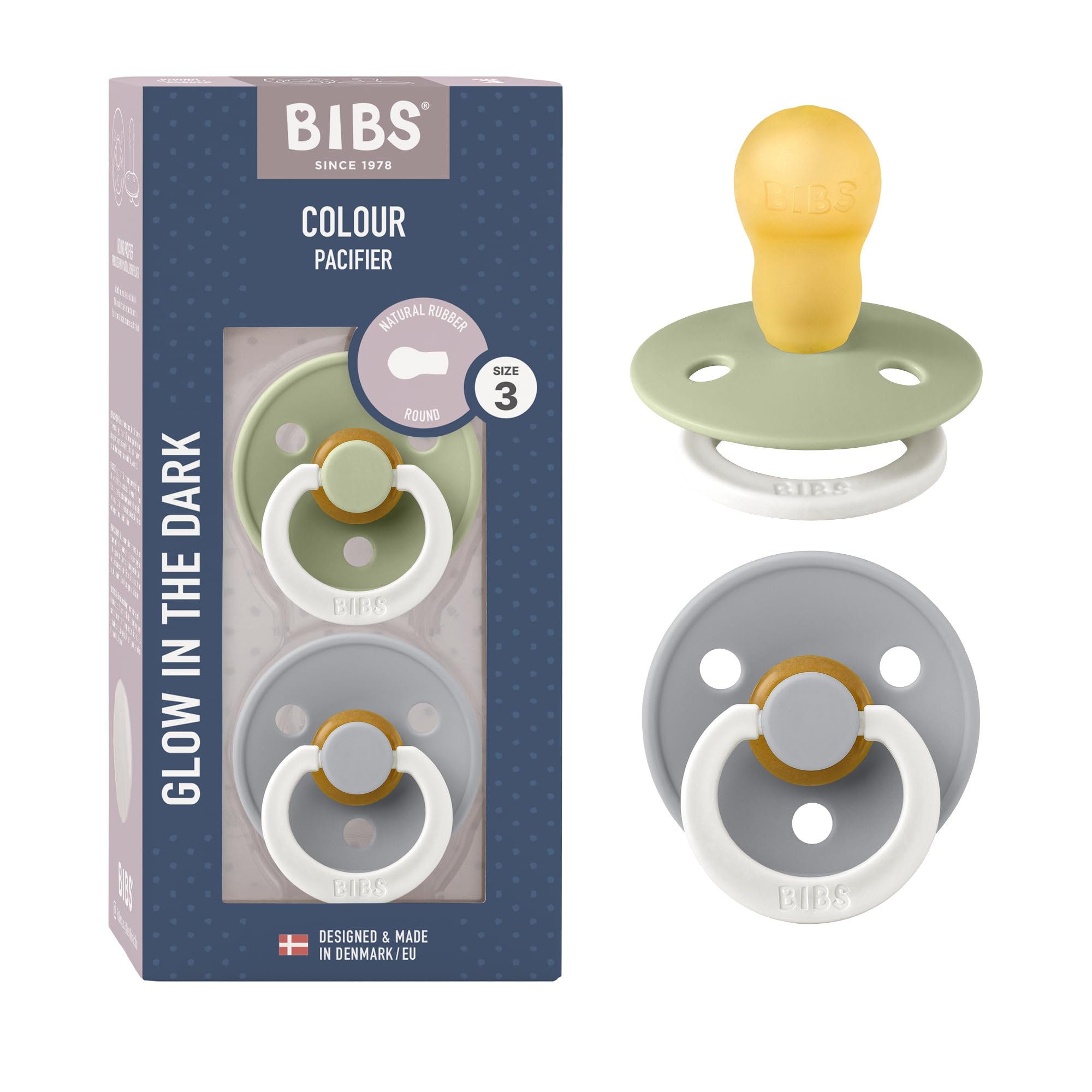 BIBS pacifier Sage Night closeup highlights soft natural latex comfort.