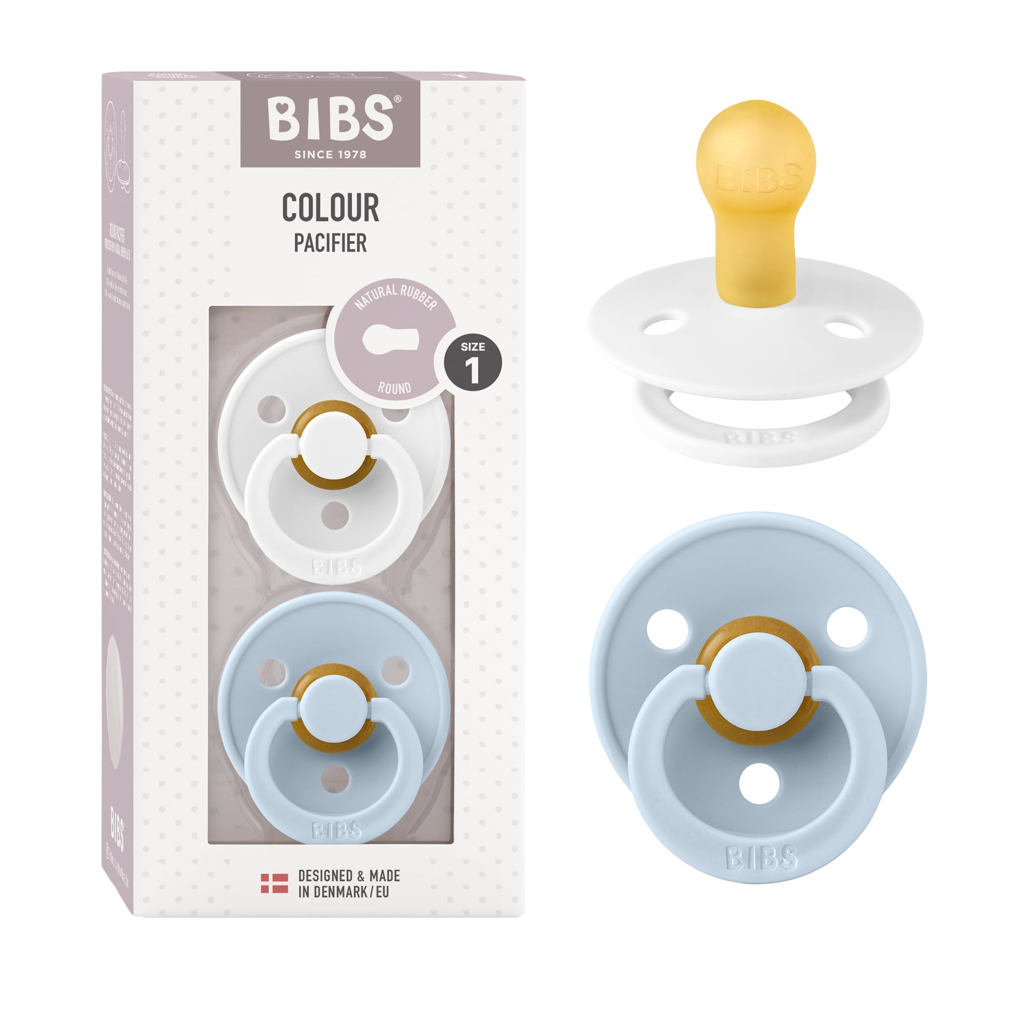 BIBS pacifiers blue-white collection soothe newborns.