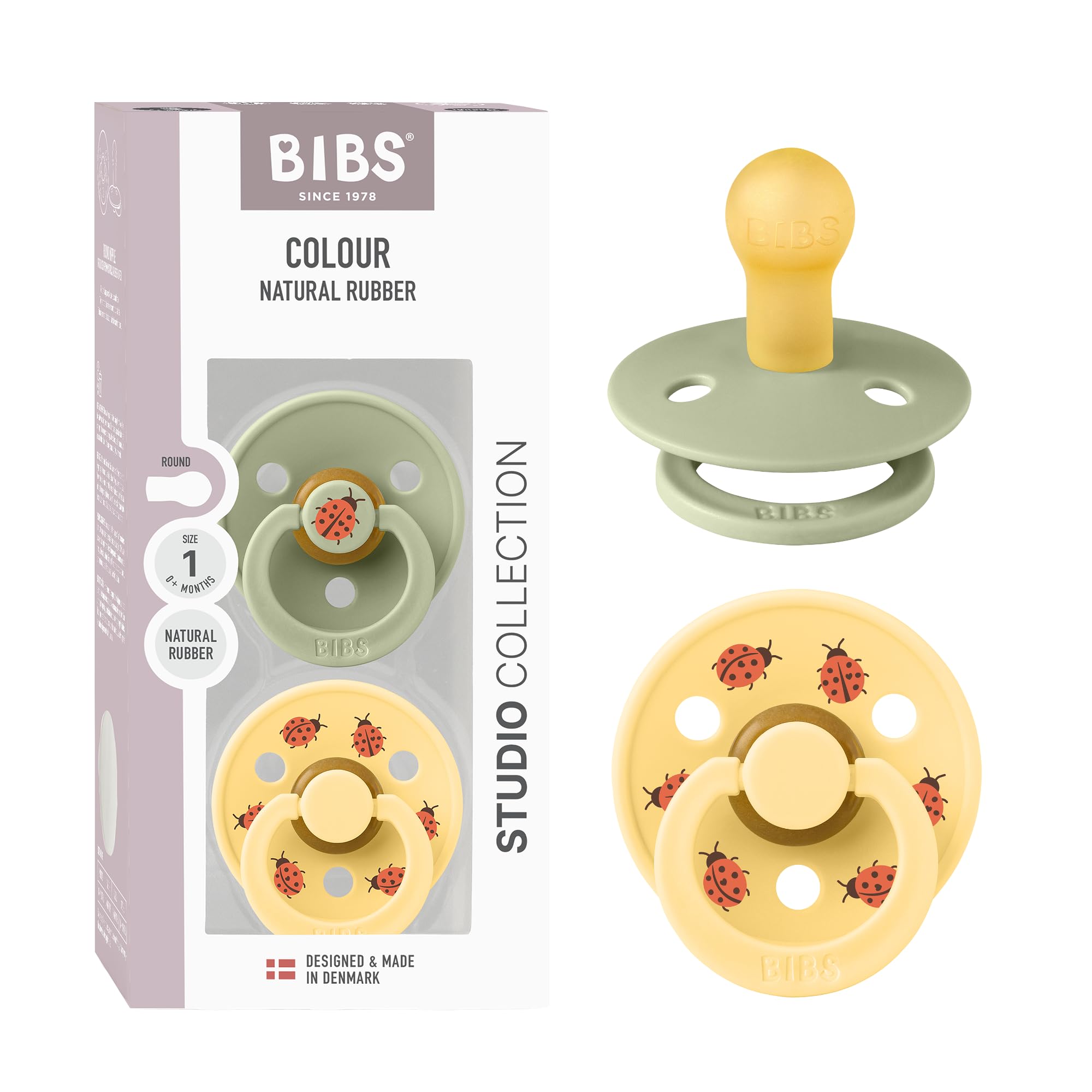 BIBS Studio Soother 2-Pack in Sage and Pale Butter, stylish and safe for newborn comfort.
