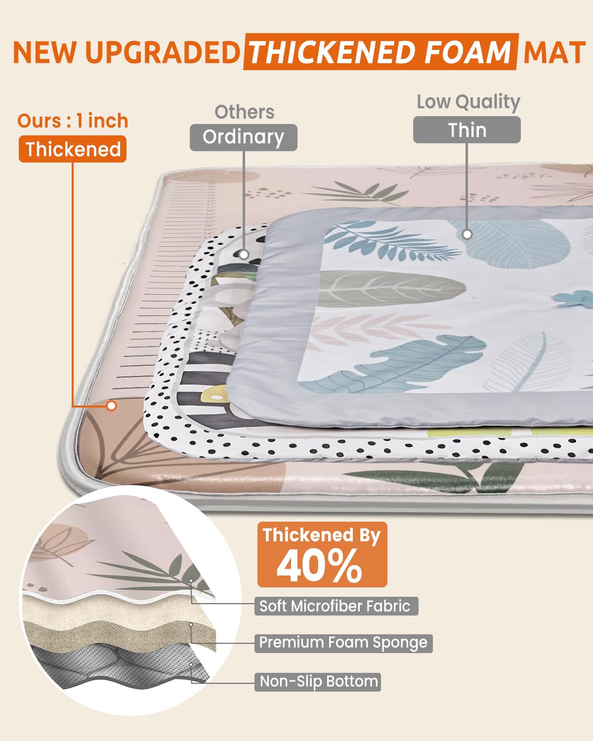 BICESTE boho leaf pattern on mat stimulates visual interest during early learning.