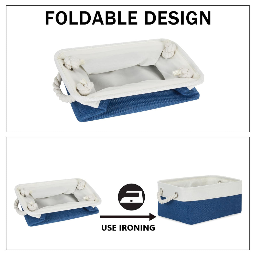 Bidtakay navy blue bins on a living room shelf suggest practical toy and accessory storage