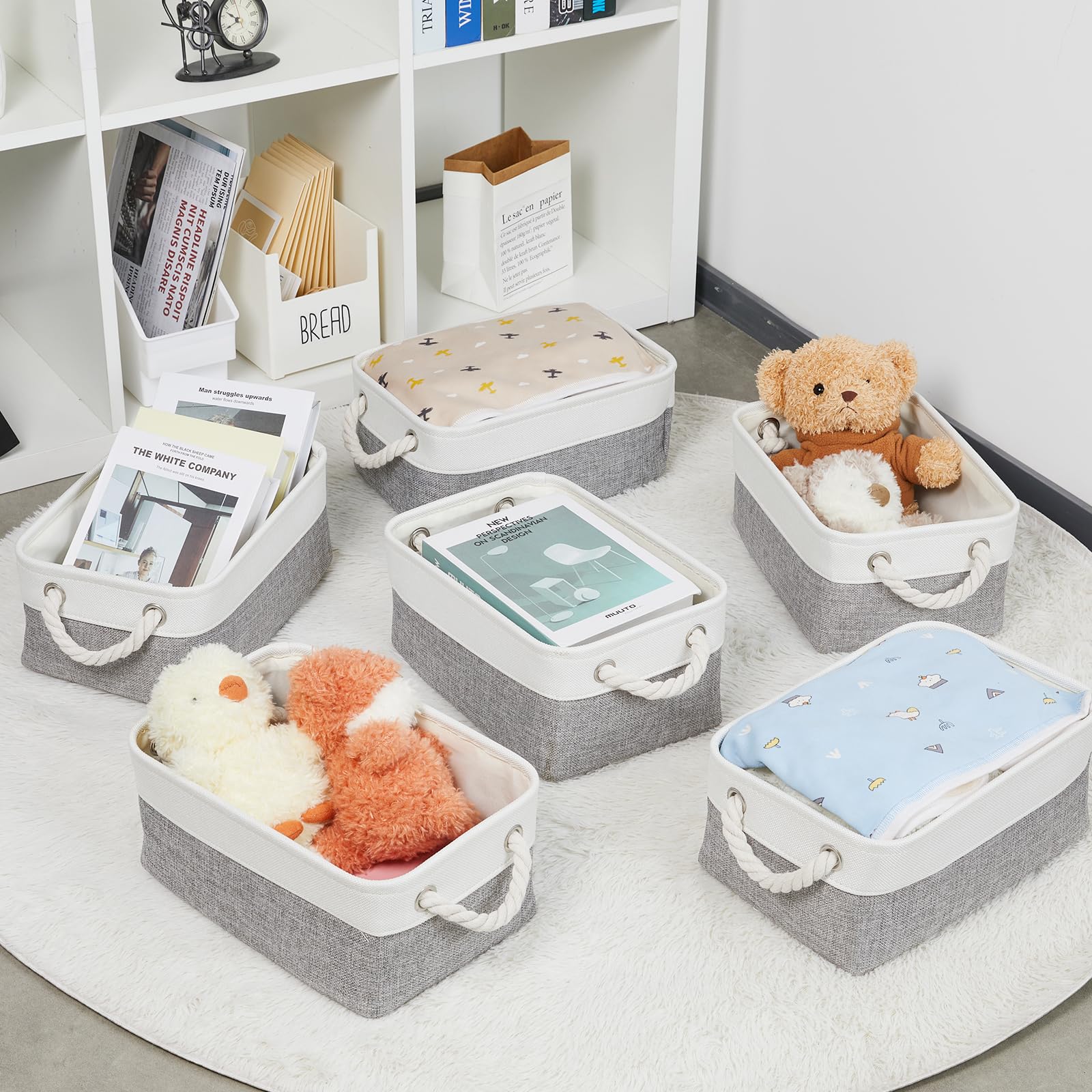Bidtakay small baskets with cotton rope handles emphasize easy transport and tidy closets.
