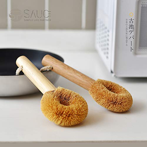 BIEAEIA pan scrub brush with wooden handle offers comfortable grip.