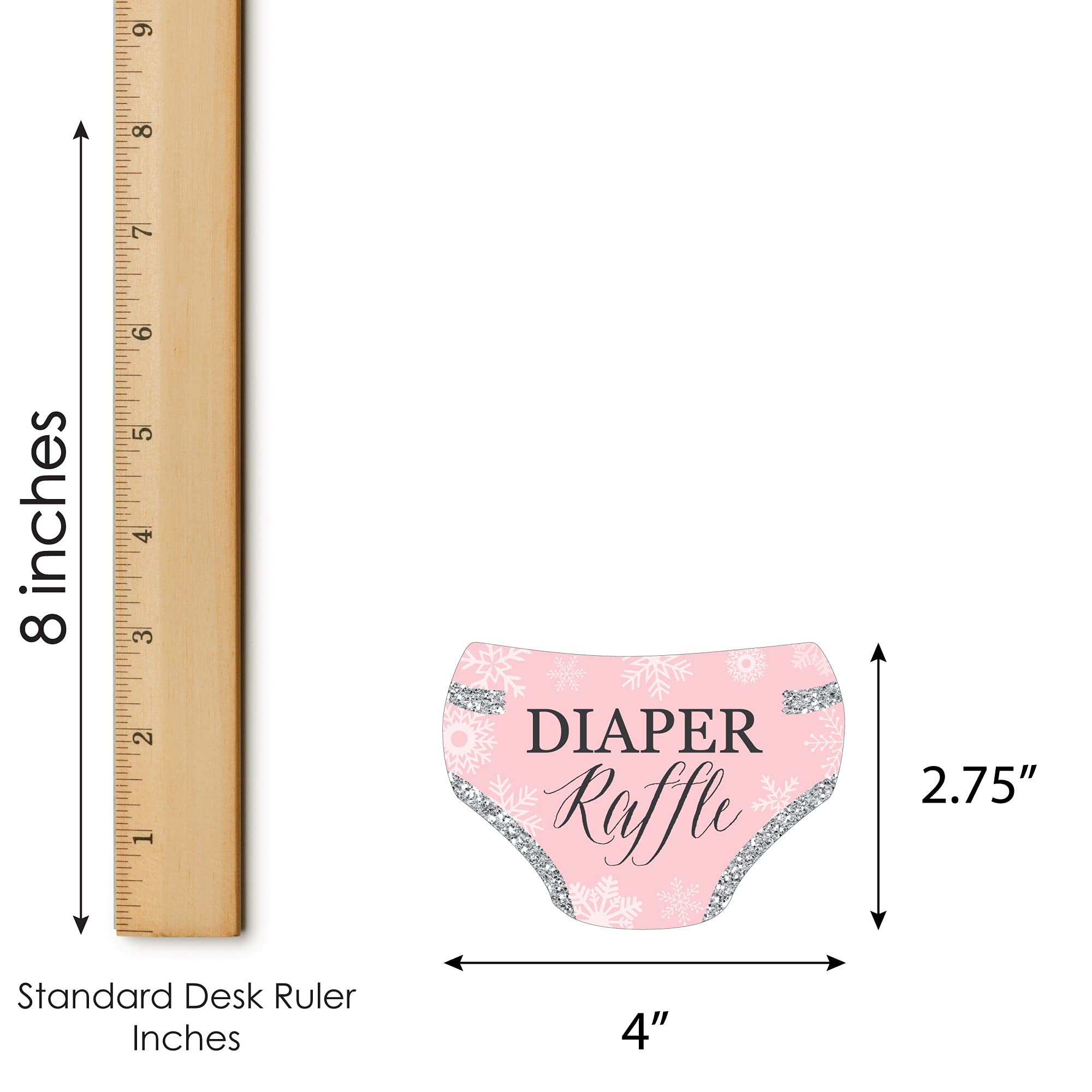Big Dot of Happiness Pink Winter Wonderland diaper raffle game cards simplify activities and entertaining baby shower guests.