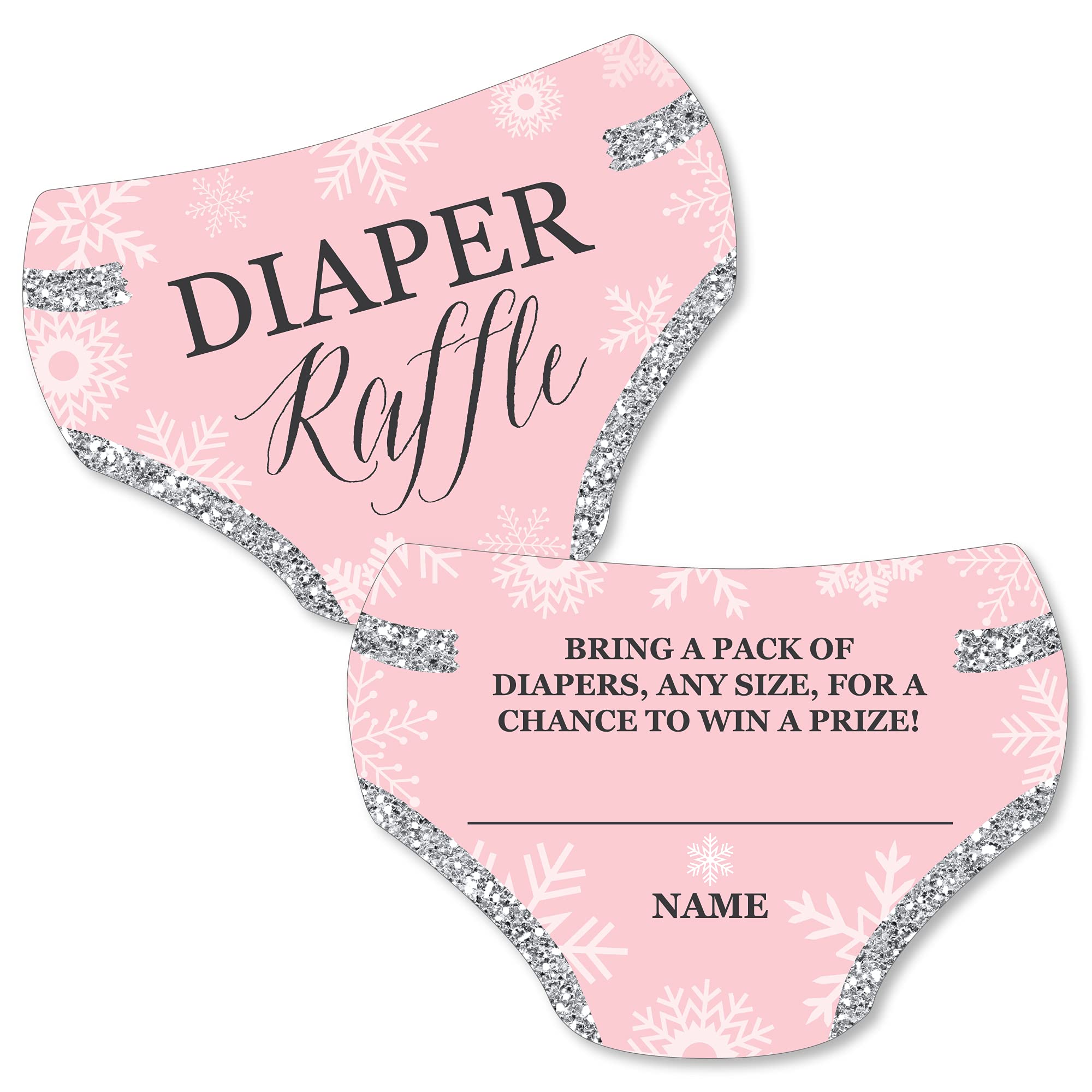 Big Dot of Happiness Pink Winter Wonderland diaper raffle ticket cards for coordinating diaper raffles at baby showers.