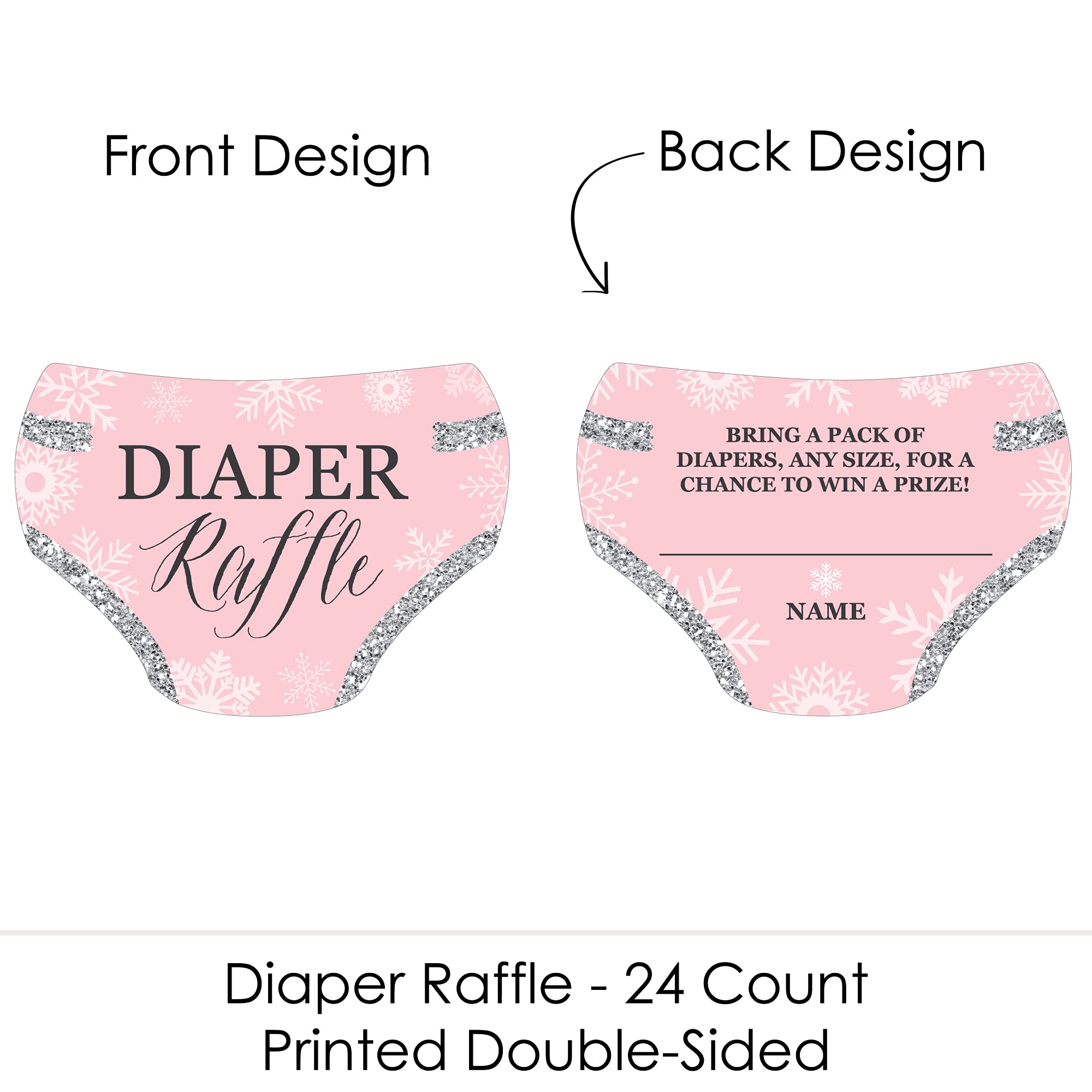 Big Dot of Happiness Pink Winter Wonderland diaper raffle ticket inserts enhance invitations and streamline gift-table fun.