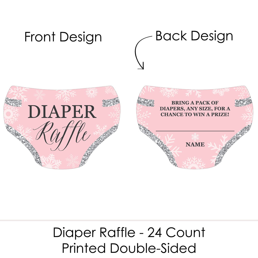 Big Dot of Happiness Pink Winter Wonderland diaper raffle ticket inserts enhance invitations and streamline gift-table fun.