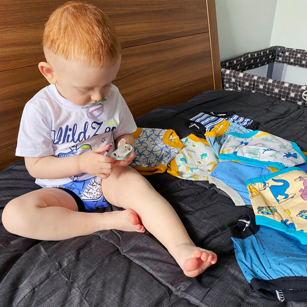 Big Elephant training pants worn by child demonstrate easy on-and-off design.
