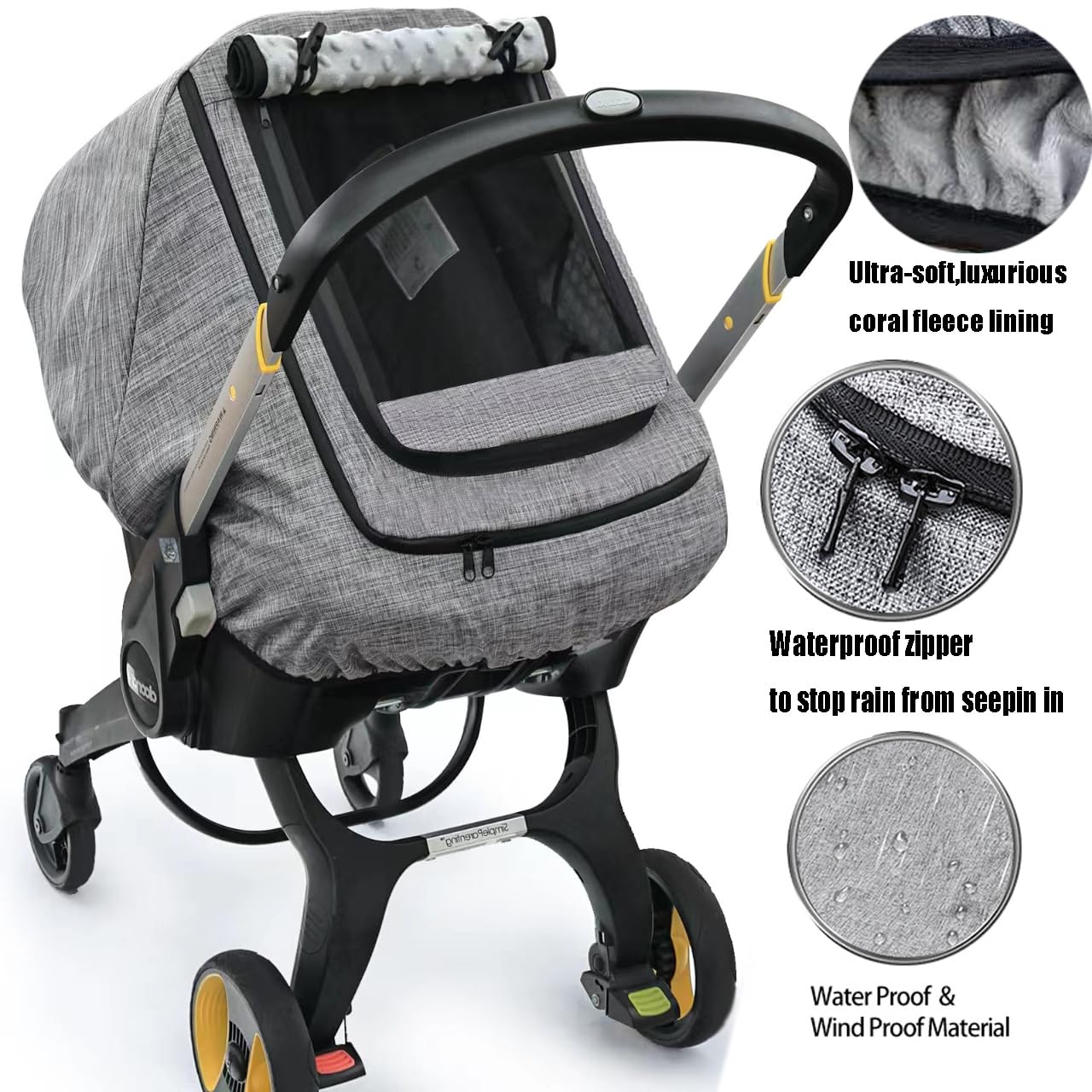 BigHippo gray melange side view car seat cover shields baby from wind.