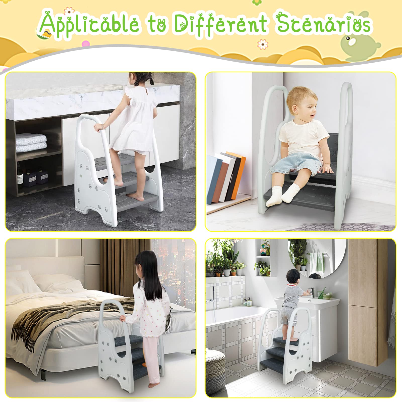 Bigou toddler step stool versatile for kitchen and bathroom routines.