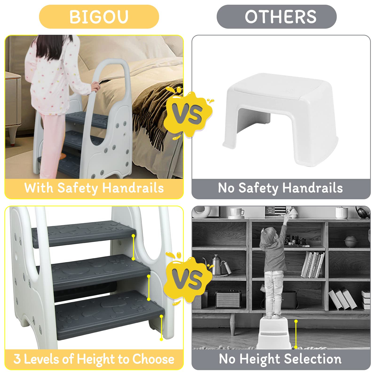 Bigou toddler step stool safety pads highlight slip-resistant bathroom stability.