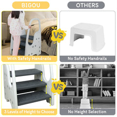 Bigou toddler step stool safety pads highlight slip-resistant bathroom stability.