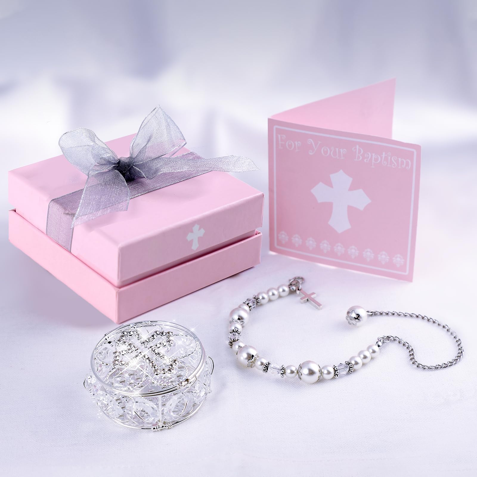 BigPig baptism pearl cross bracelet close-up with crystals for infant ceremony.