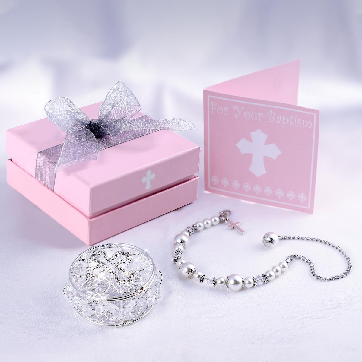 BigPig baptism pearl cross bracelet close-up with crystals for infant ceremony.