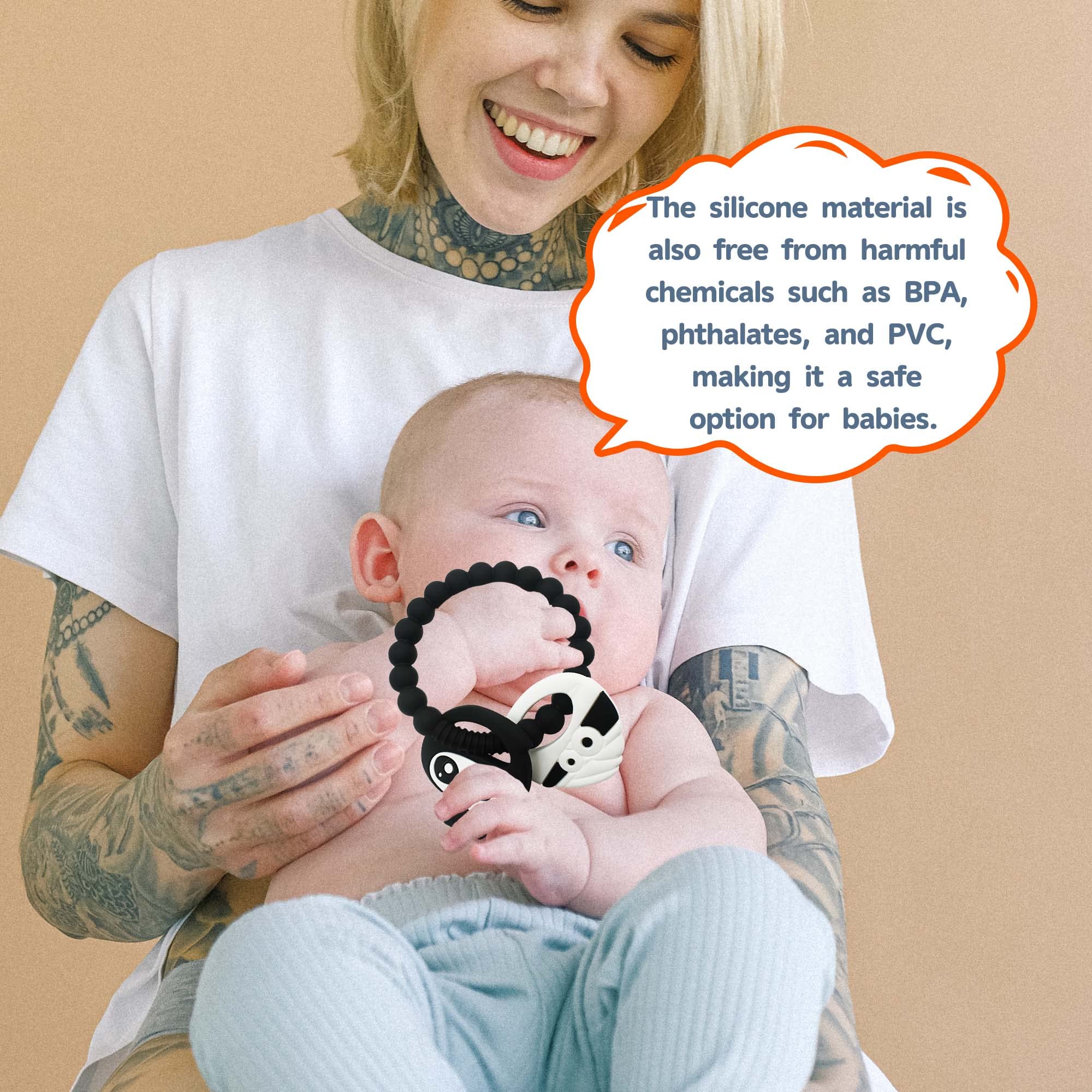 BIGSPINACH baby teether in use scenario shows gum relief and sensory exploration
