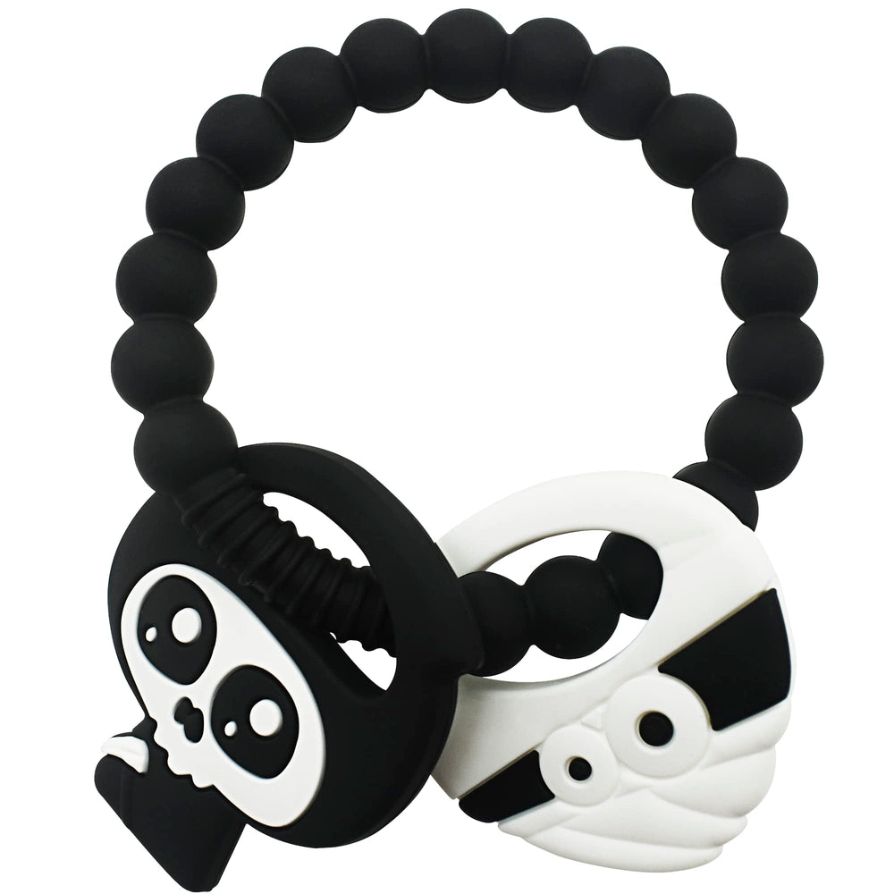 BIGSPINACH Black Goth Baby Teether close-up showing safe silicone grip for teething