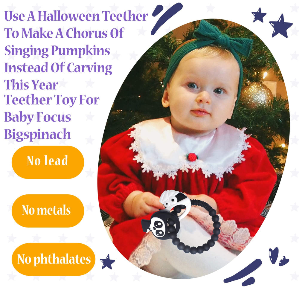 BIGSPINACH grim-reaper teether charms close-up with textured surfaces for sensory play