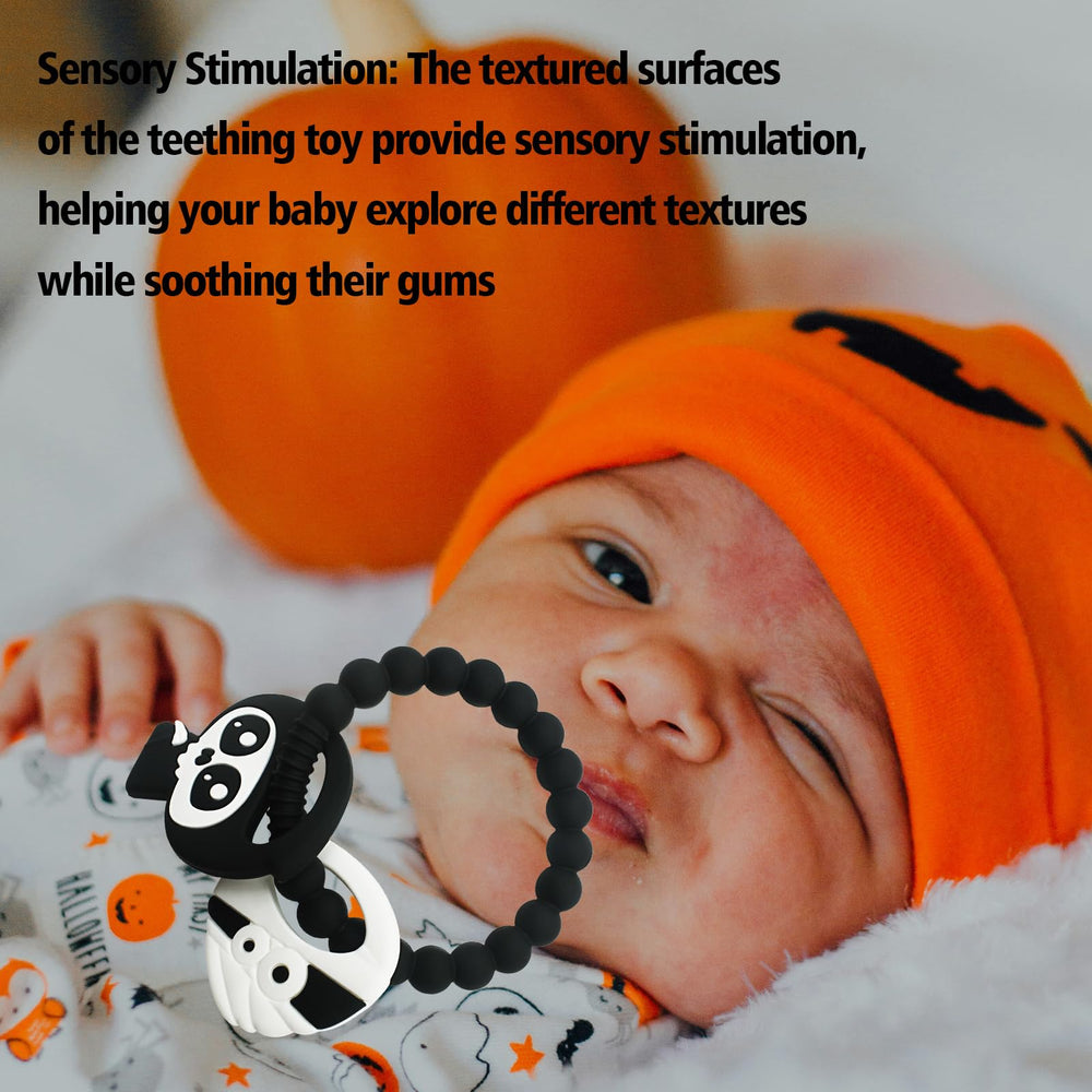 BIGSPINACH my-first-halloween-teething-toy engages baby during teething.