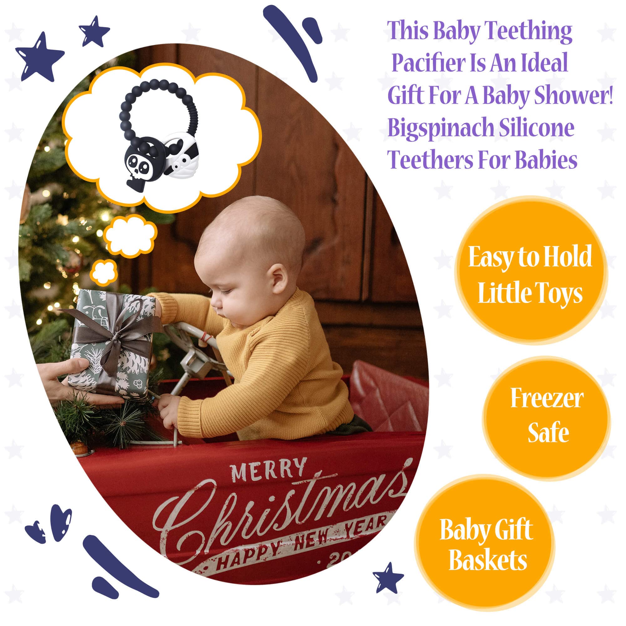 BIGSPINACH non-toxic teether safety close-up with clear material cues