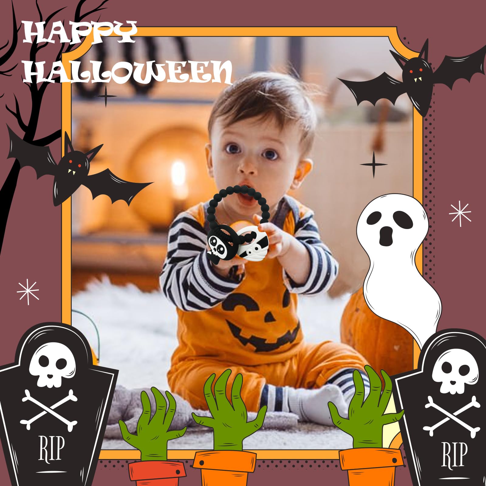 BIGSPINACH pumpkin-rattle teether adds teething relief and cute photo moments.