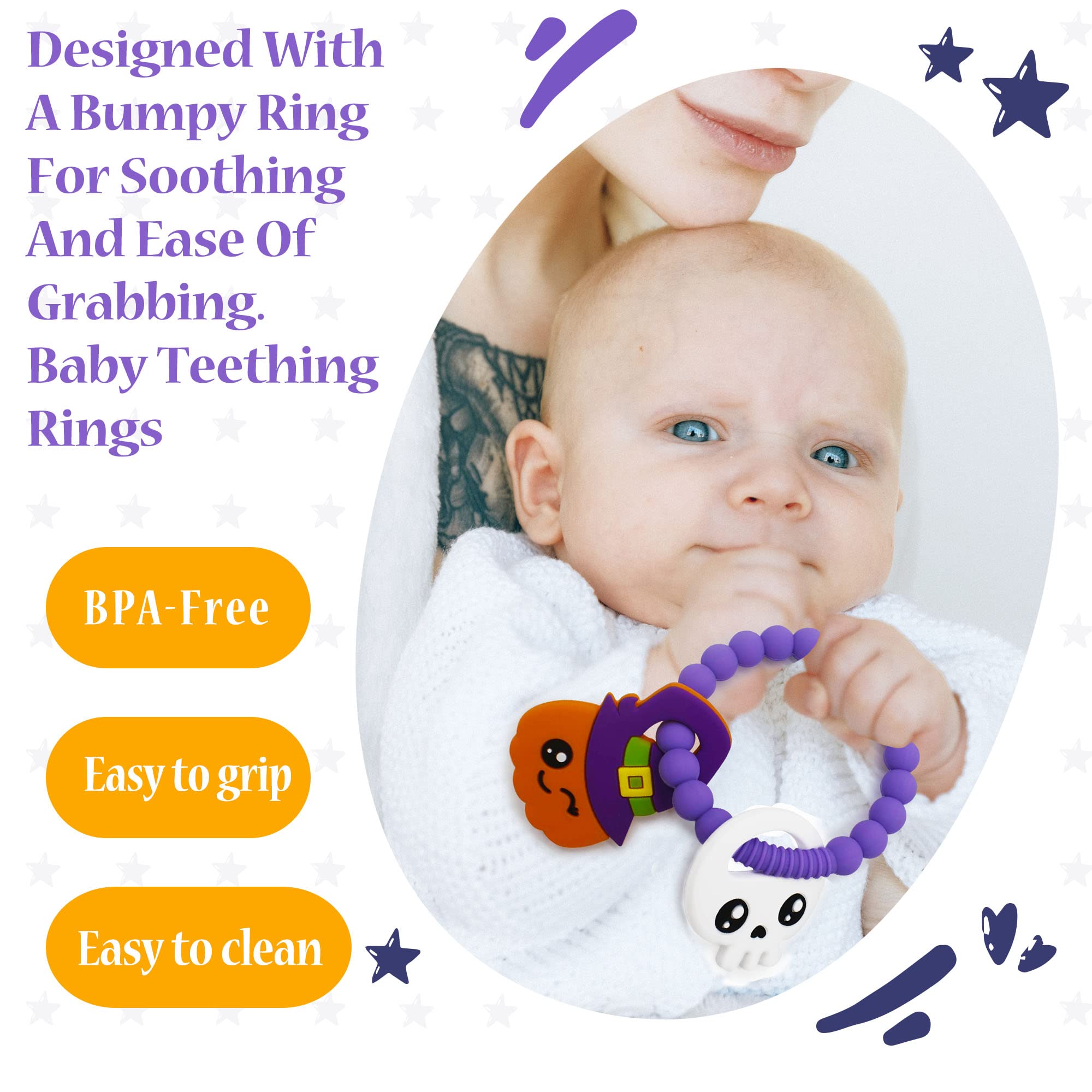 Big Spinach pumpkin teether ring on display demonstrates portable chew for on-the-go comfort.
