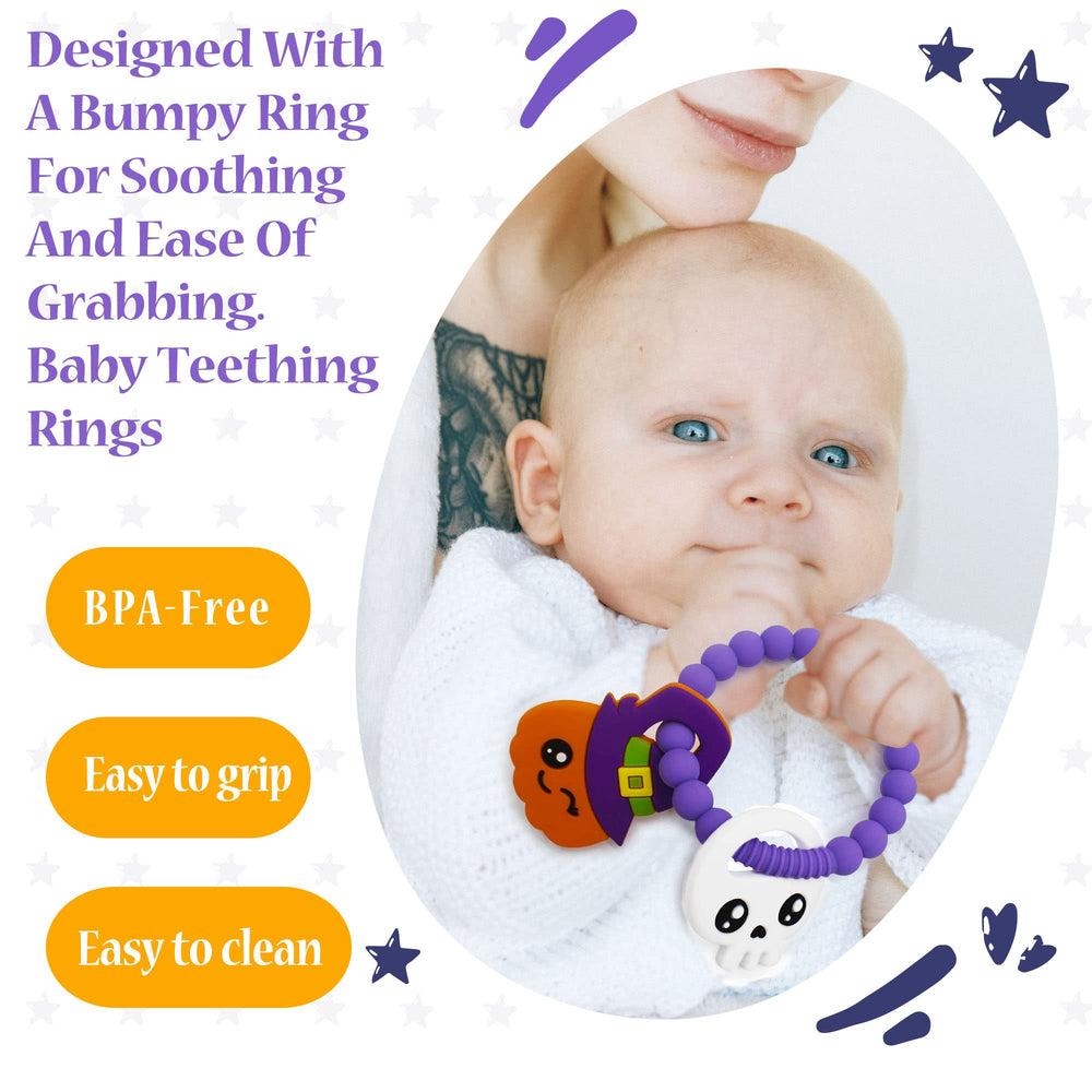Big Spinach pumpkin teether ring on display demonstrates portable chew for on-the-go comfort.