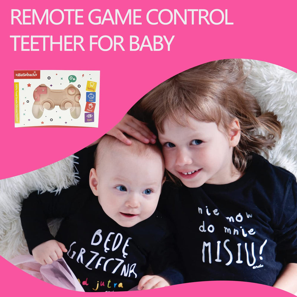 BIGSPINACH remote teething toy pink in-use with baby during family playtime