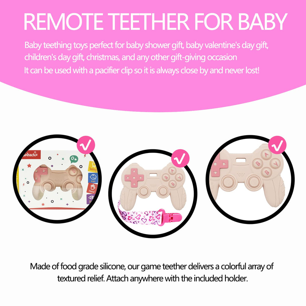 BIGSPINACH remote teething toy pink packaging image suggests gift-ready presentation