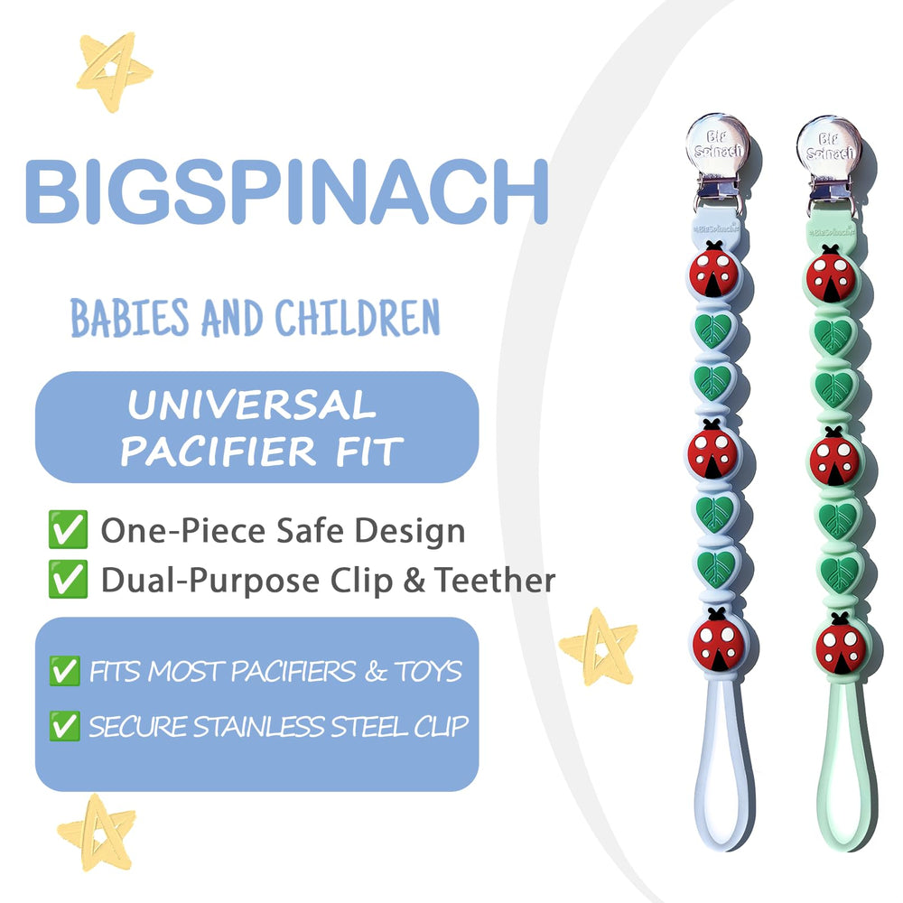 BIGSPINACH pacifier clip teething-friendly silicone depicted for gentle soothing during play.