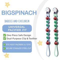 BIGSPINACH pacifier clip teething-friendly silicone depicted for gentle soothing during play.