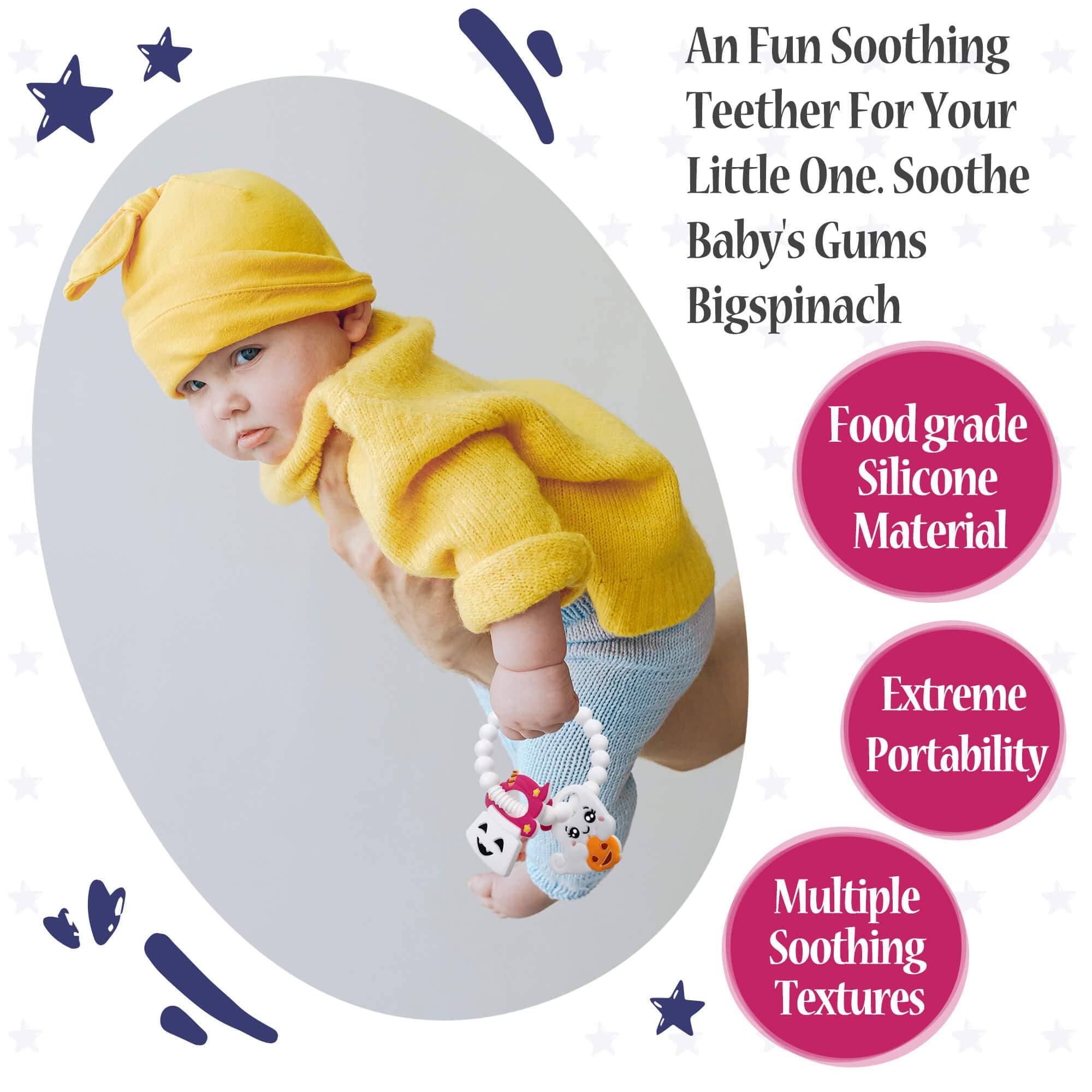 BIGSPINACH silicone teether freezer-friendly cooling relief for teething