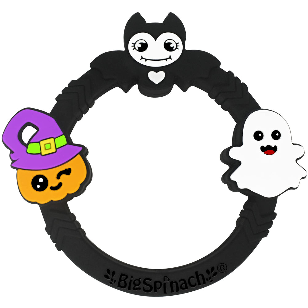 BIGSPINACH Gothic teether bat ring; soft texture soothes baby gums during teething.