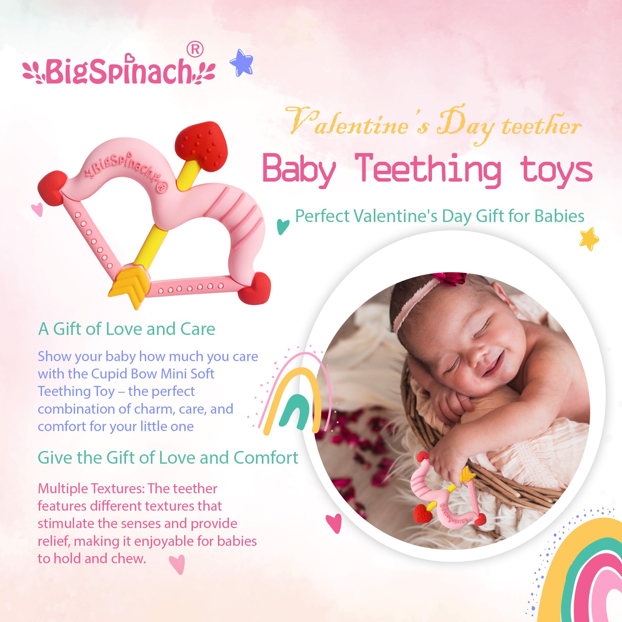 BigSpinach Cupid Bow Arrow teether pink; ideal Valentine’s design for babies.