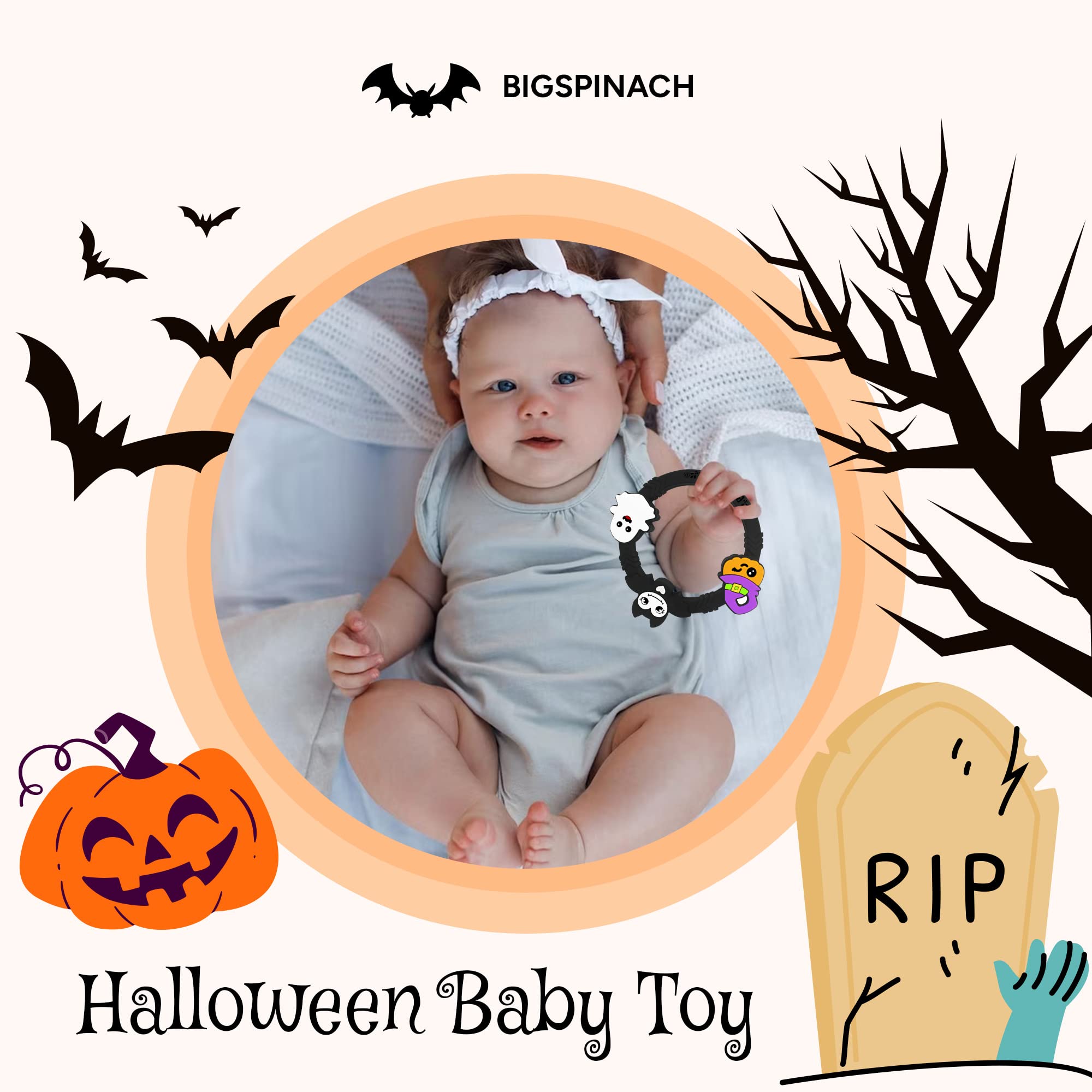 BIGSPINACH Halloween teether adds fun during daily routines and playtime.