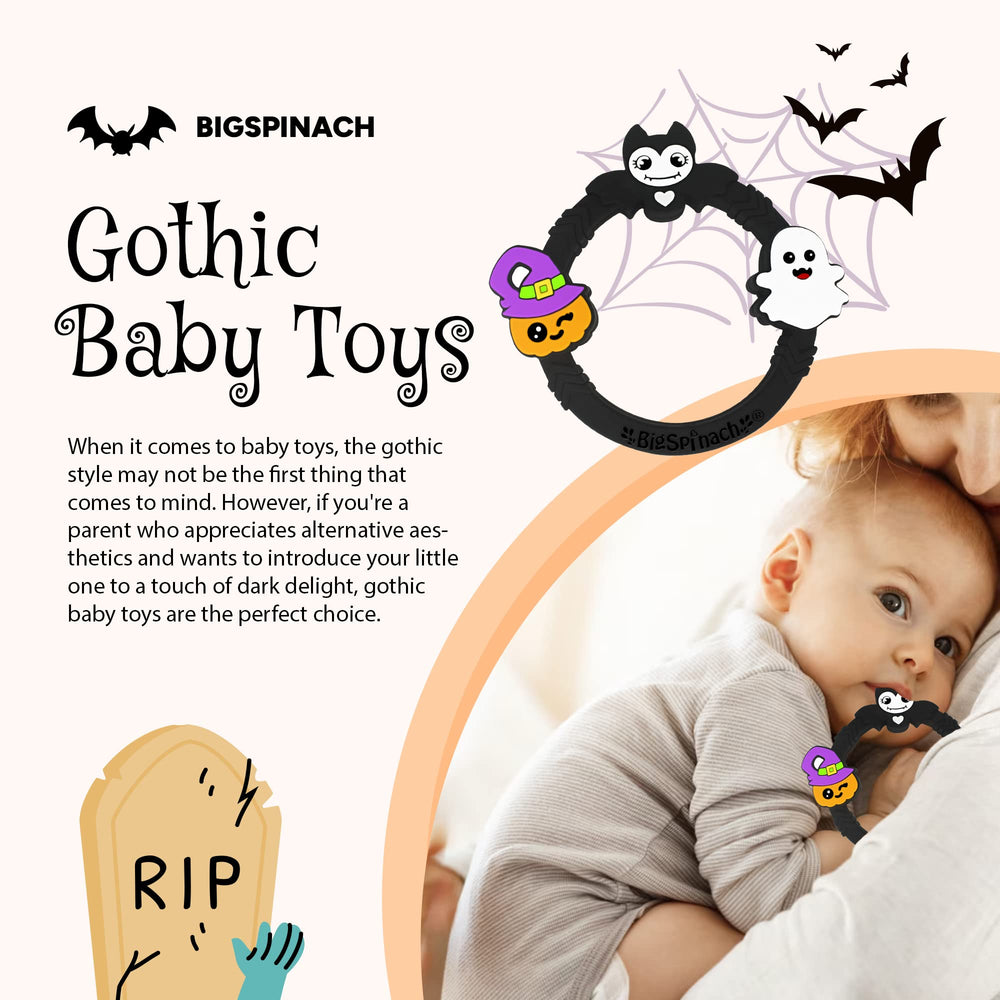 BIGSPINACH teether Halloween pumpkin detail encourages sensory exploration.