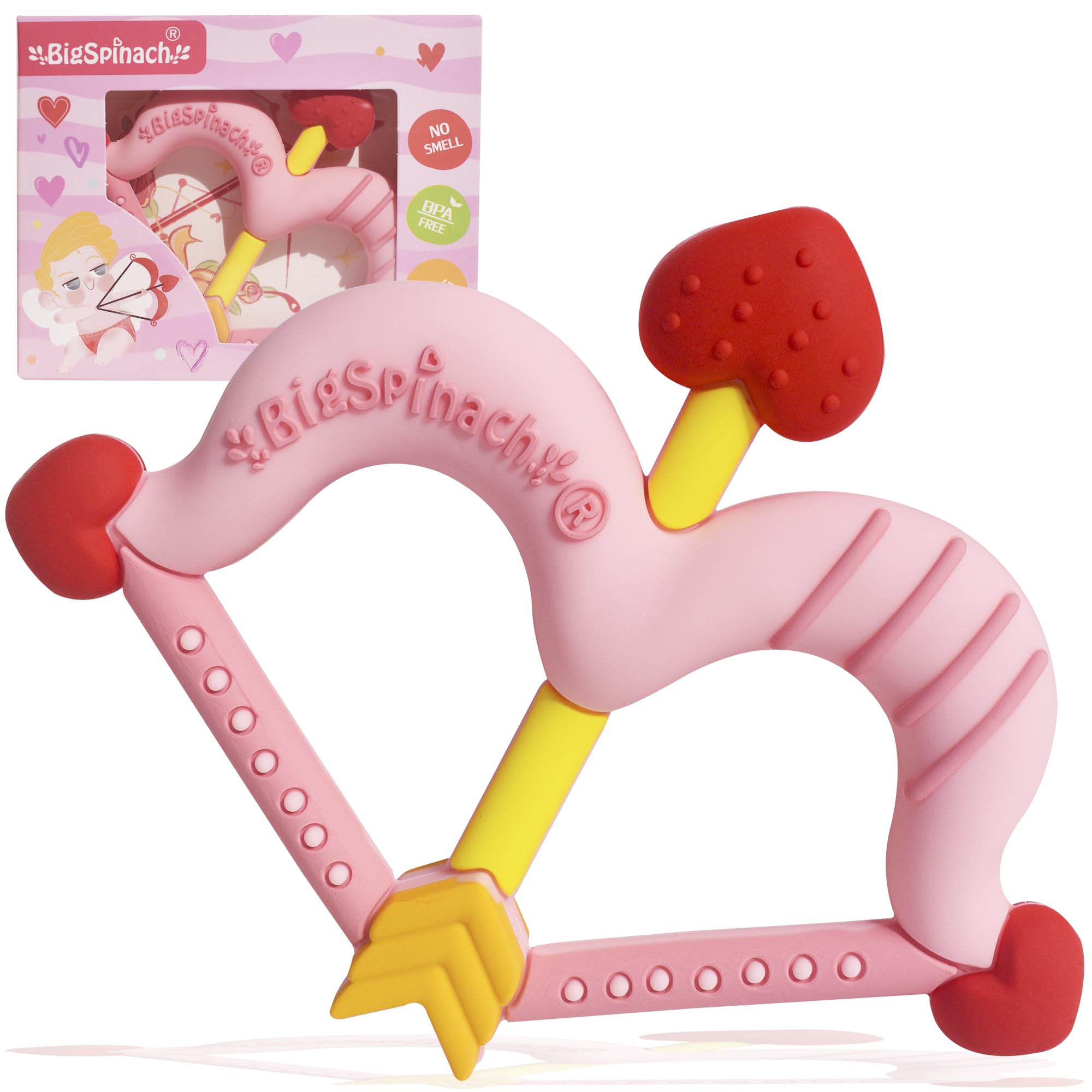 BigSpinach heart-shaped teether pink; easy-to-hold for teething.