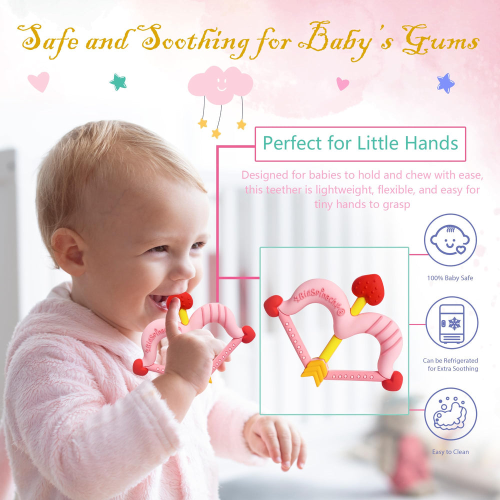 BigSpinach soft silicone teether pink; gentle on gums during teething.