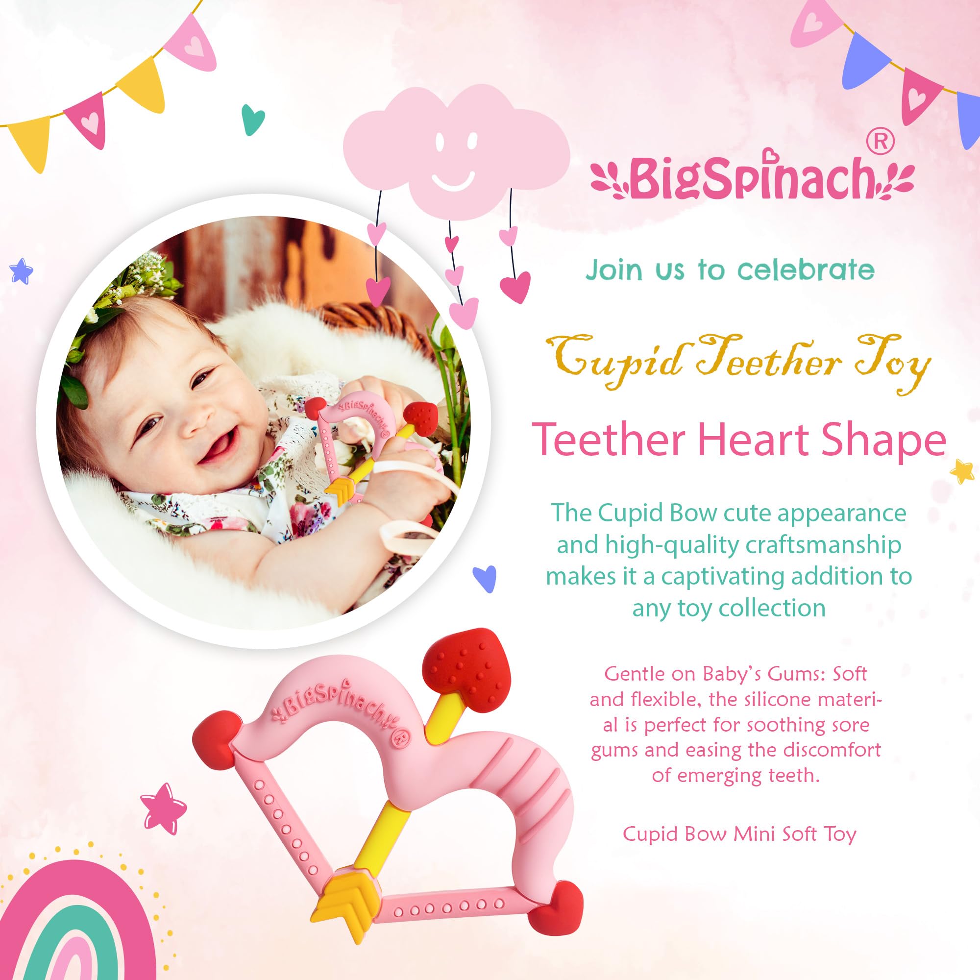 BigSpinach tiny-hand grip teether pink; lightweight and easy to hold.