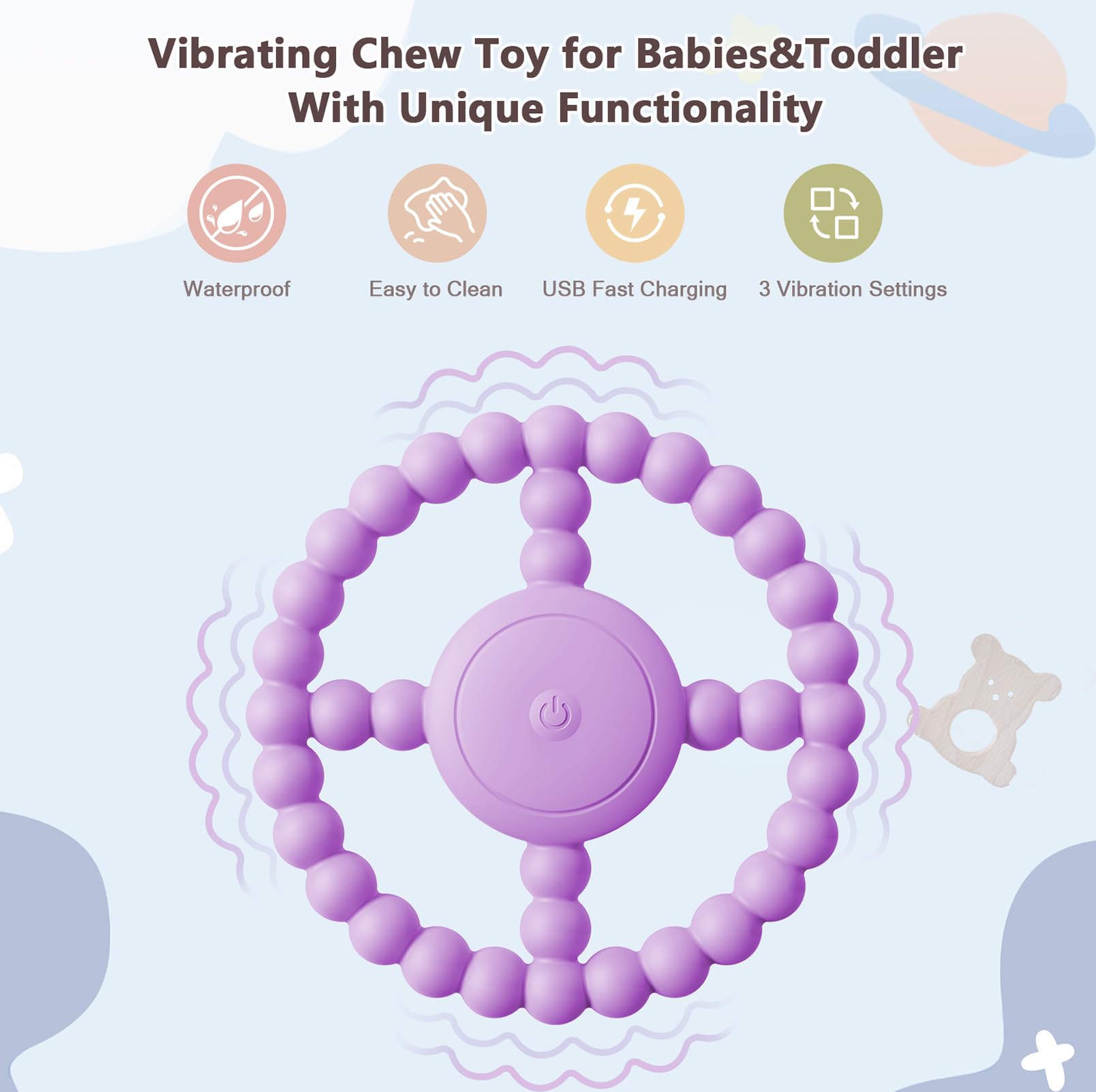 BIKCANP vibrating sensory chew toy purple closeup teething relief through gentle vibrations.