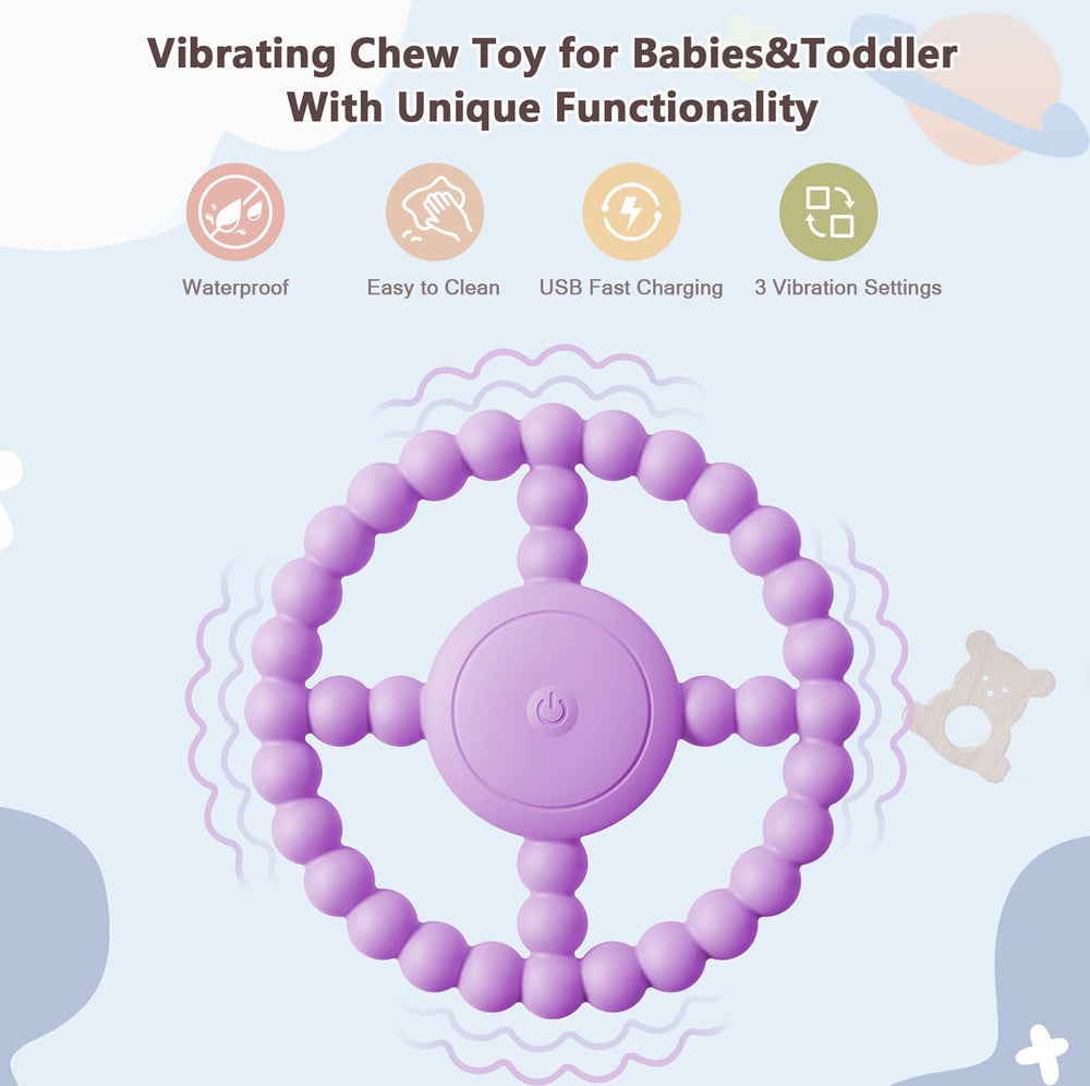 BIKCANP vibrating sensory chew toy purple closeup teething relief through gentle vibrations.