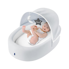 Biliboo premium portable baby lounger with mesh canopy for breathable newborn comfort on the go.